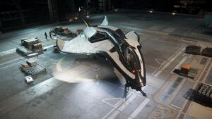 Die Aegis Dynamics Avenger Titan gelandet in einem Hangar